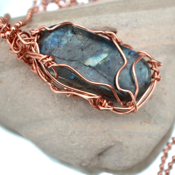 Labradorite Pendant Copper Necklace Chain Solid - Picture 7 of 8
